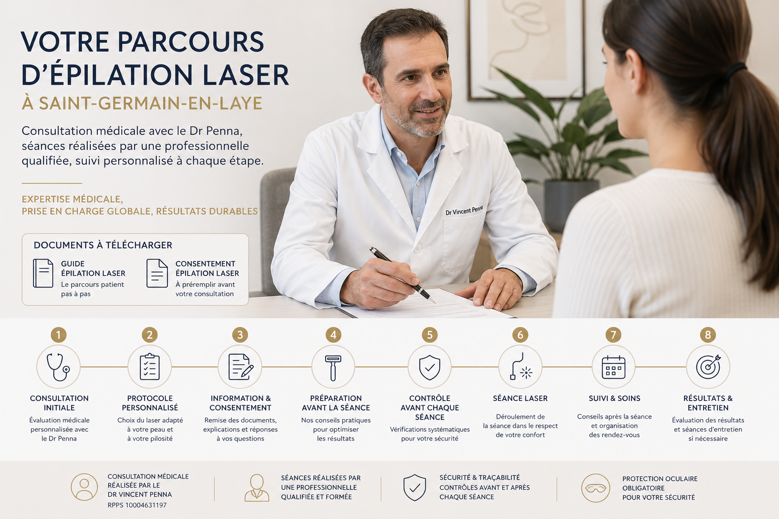 Consultation médicale initiale d’un parcours d’épilation laser à Saint-Germain-en-Laye avant le début du traitement laser.