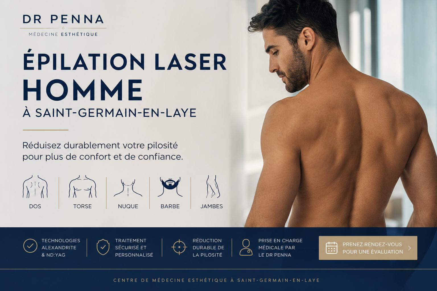 Épilation laser homme à Saint-Germain-en-Laye pour dos torse épaules nuque barbe et jambes
