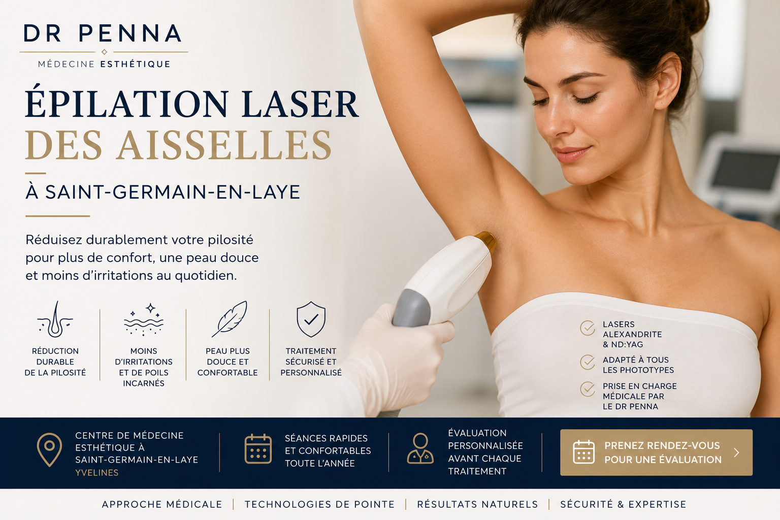 Épilation laser des aisselles à Saint-Germain-en-Laye pour réduire durablement la pilosité et les irritations