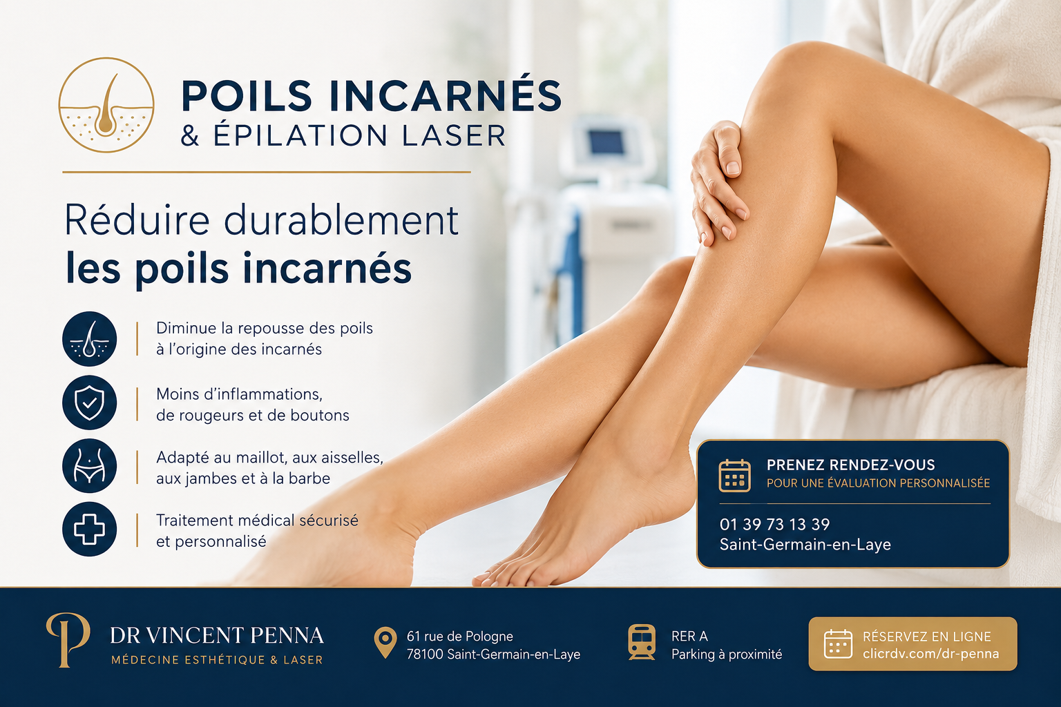 Épilation laser pour réduire les poils incarnés au Centre Esthétique et Lasers du Dr Vincent Penna à Saint-Germain-en-Laye